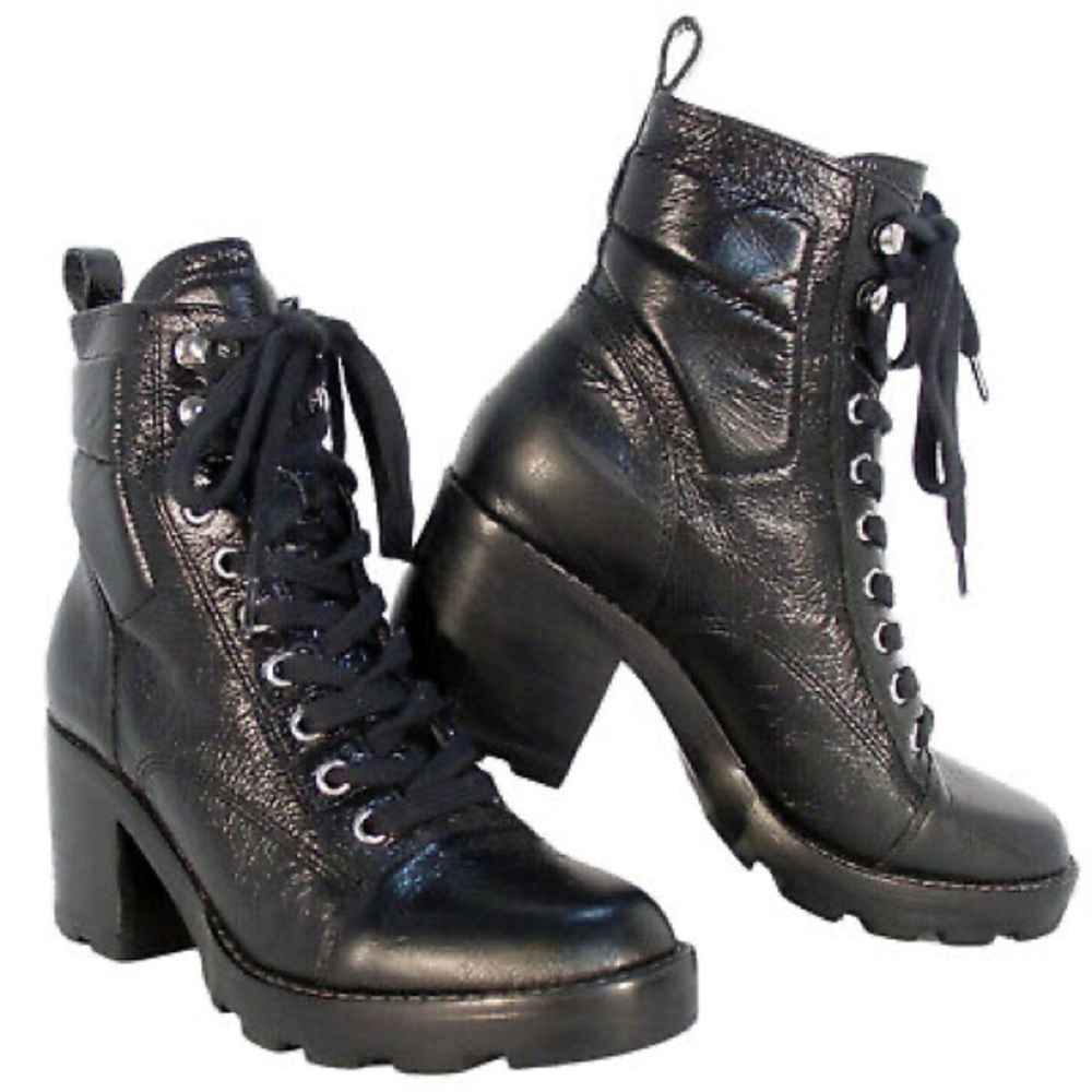 MARC FISHER Crinkled Leather Lace Up Heeled Combat Moto Boots - Black - size: 7